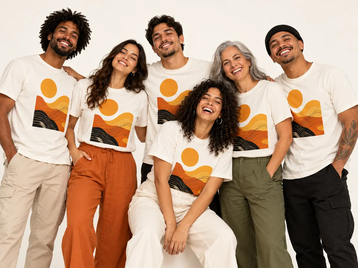 Grupo de seis pessoas com a mesma camiseta de estampa frontal