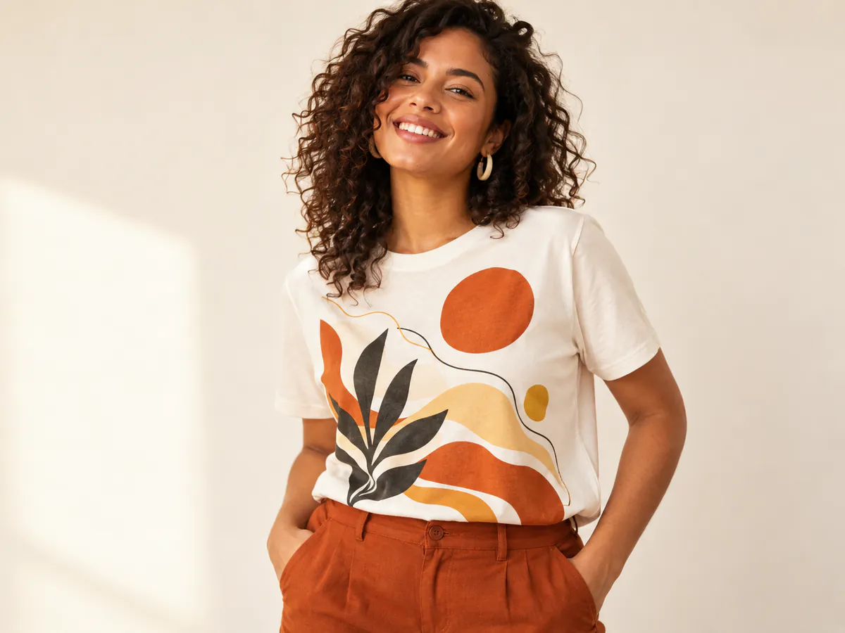 Pessoa sorrindo com camiseta de estampa frontal
