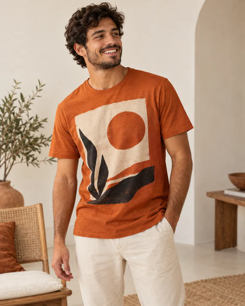 Modelo com camiseta laranja de algodão com estampa frontal