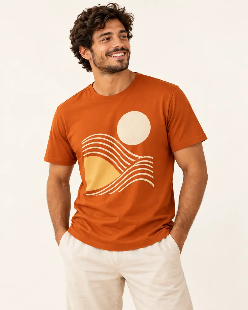 Pessoa com camisa laranja de poliéster com estampa frontal